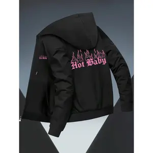 Bmuvlss Men's Flame Print Hooded Jacket with Hot & Fire Graphic - Slim-Fit Zippered Winter Coat, Pink/Black Casual Outerwear, Machine Washable Full-Zip for Parties, Nightlife & Casual Attire (No)