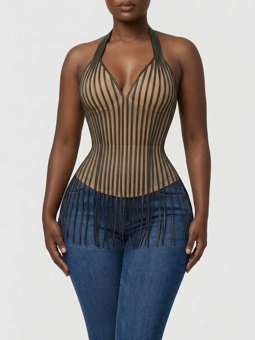 Sculpt Touch Women's Handmade Fringe Mesh Corset Top Halter Sheer Bustier Waist Corset