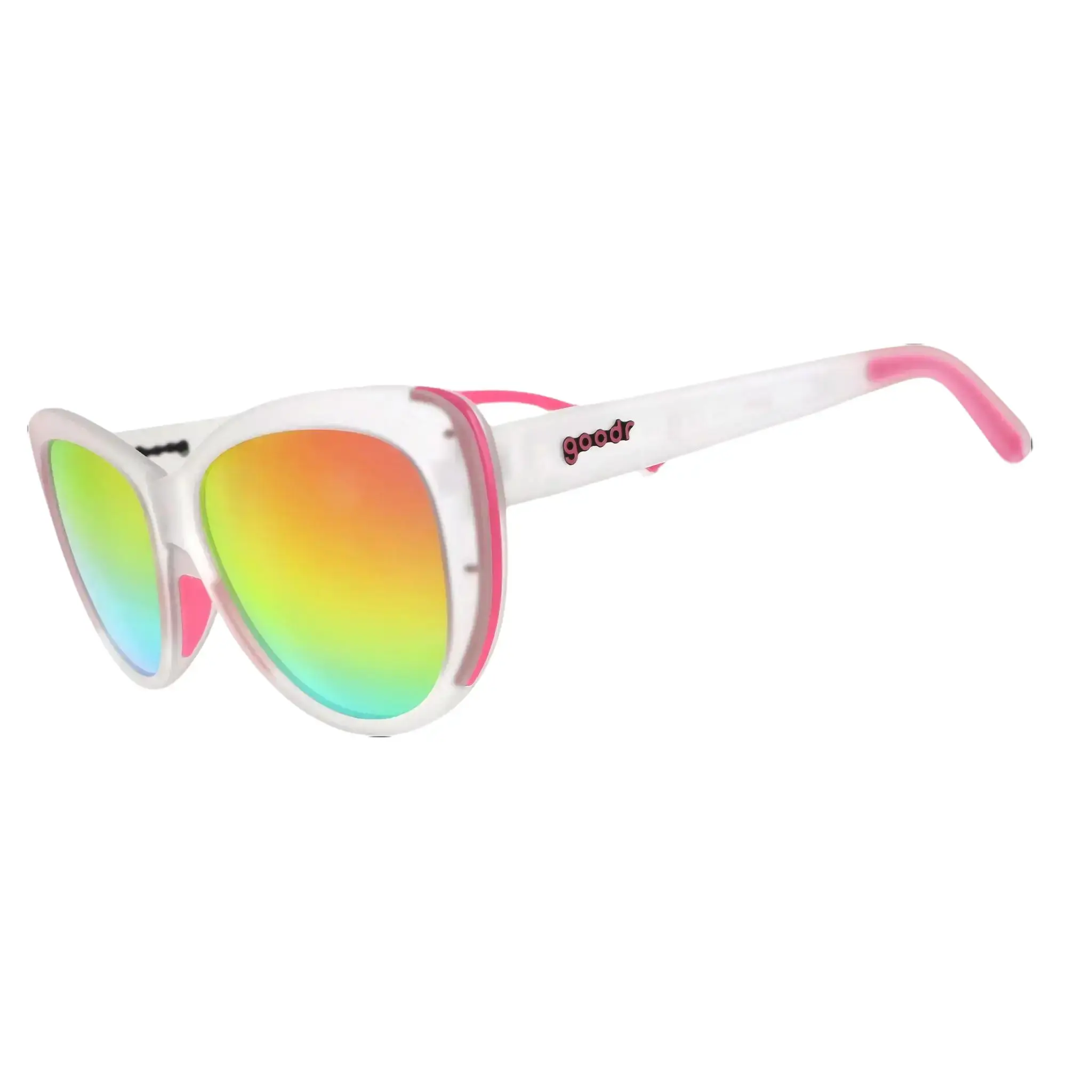 goodr Rainbow Runway Ready Medium Size (Glam G) Translucent Clear Frame with Rainbow Lens, UV400, No Slip No Bounce No Tangle