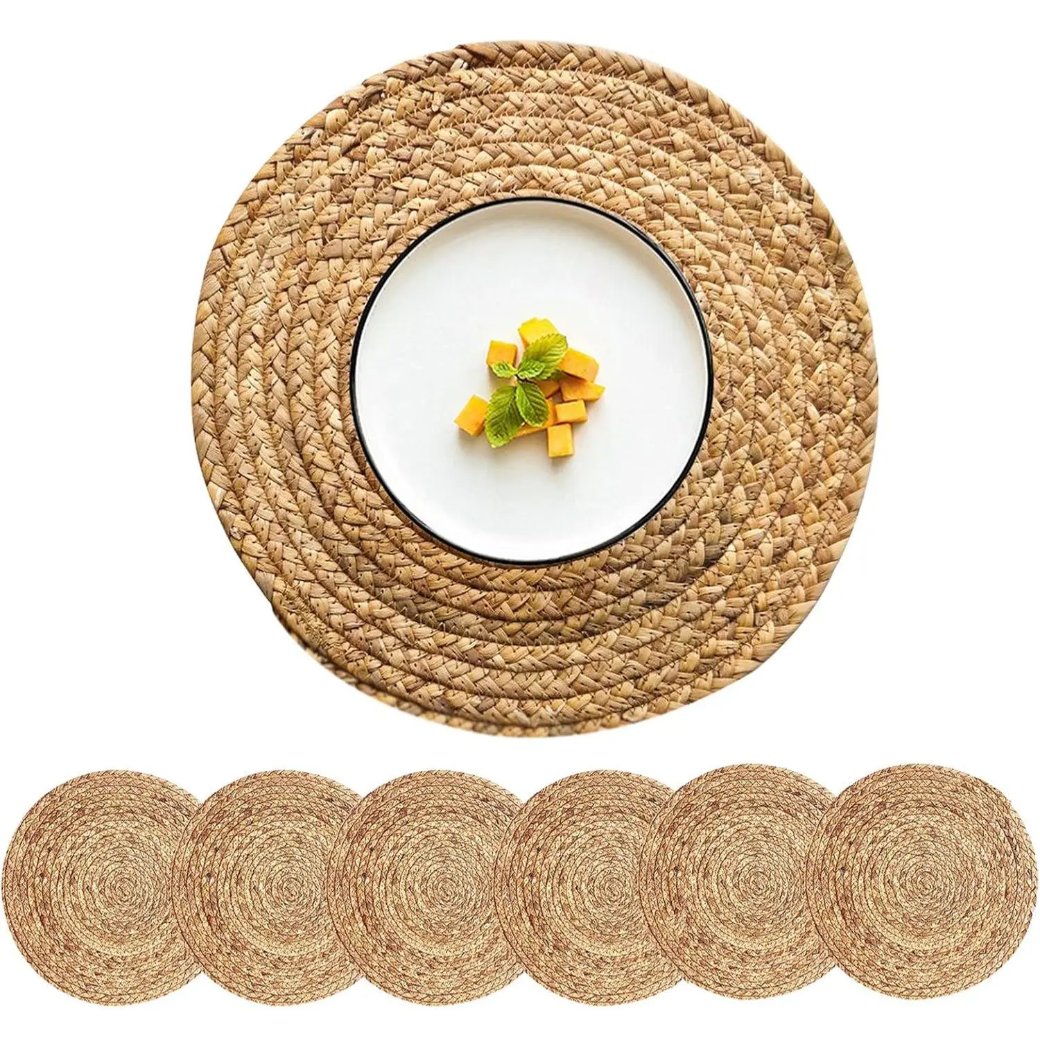 6 pcs woven circular placemat 14 inch, Bohemian farmhouse insulation mat, durable woven and reusable, suitable for family dining or outdoor gatherings