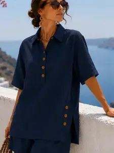 Women's Linen Short 2 Piece Set | Casual Vacation for Beach and Resort Wear, Summer Lounge and Travel Matching Coordinate Set, Comfortable and Stylish, Top, Button