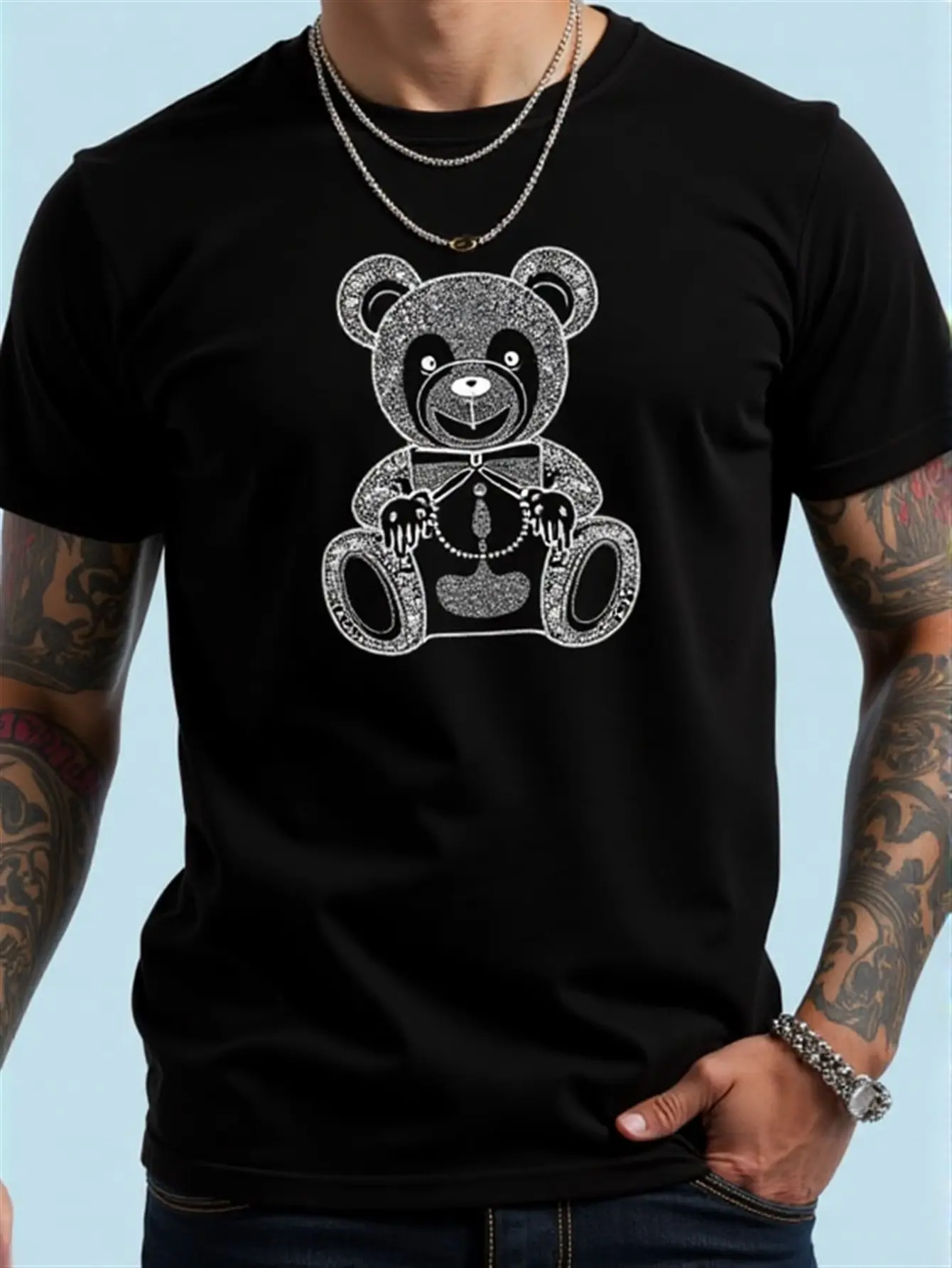 Men'S Black Bear Graphic Print T-Shirt with Sparkling Rhinestone Bear Design - Casual Round Neck Short Sleeve, Regular Fit Autumn Top for Parties & Casual Attire, Durable Non-Stretch Fabric, Versatile for Semi-Formal Events & Casual Outfits - Stylish Stat