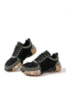 Women's Rhinestone Checkered Dad Shoes, Thick Sole Height Boost Anti-Slip, Casual Sporty Footwear, Sneaker, All-Season Textile Rubber Soles