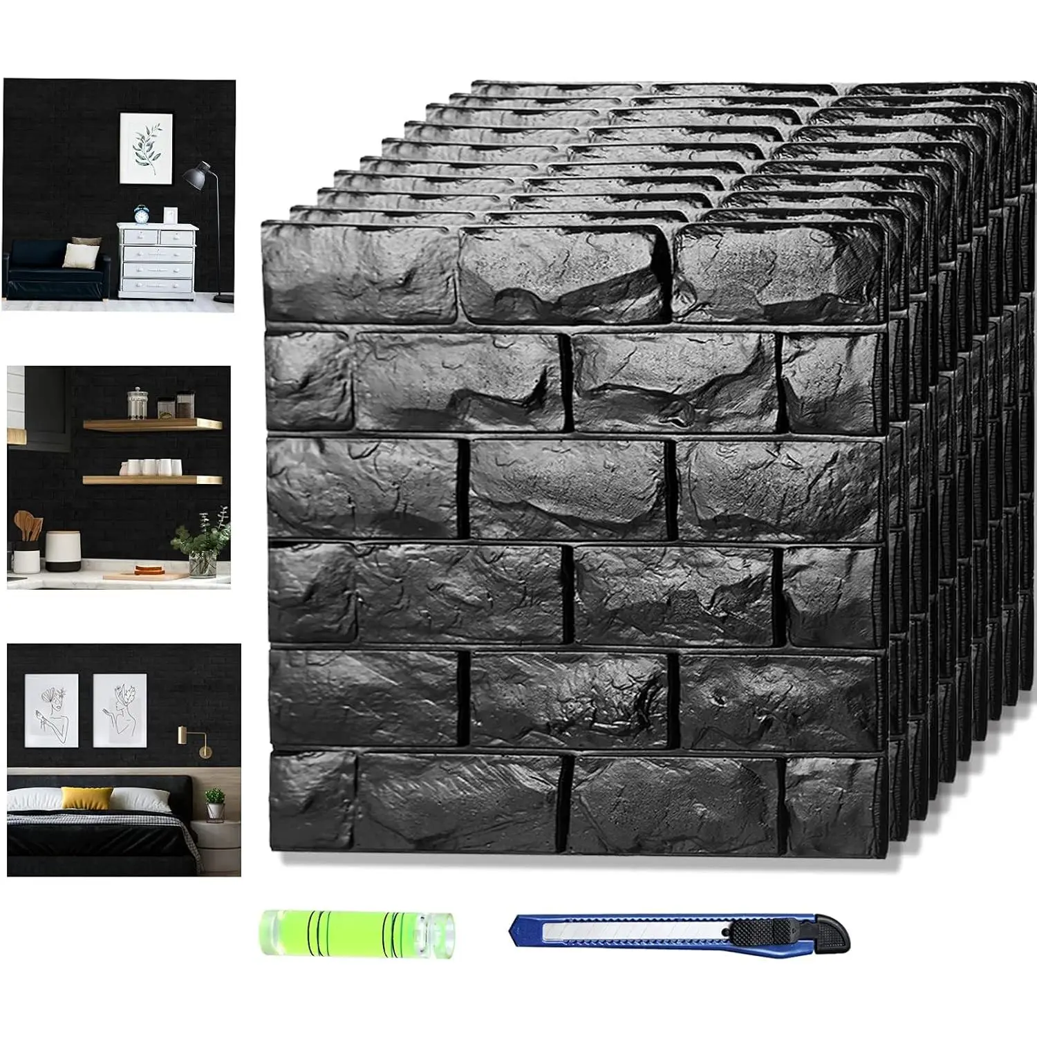 3D Wall Panels Stick and Peel, Black Brick Printable 3D Wallpaper Stick and Peel Self Adhesive   Faux Brick Paneling for Bedroom, Bathroom, Kitchen, Fireplace (11, Black)