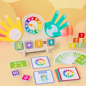 This Wooden Clock and Finger Counting Toy is a two-in-one educational toy, Math Learning Tools, Math Teaching Aid, helps children learn math by counting fingers and recognize clocks, with 23 math cards and 18 clock cards, suitable for 3-6 year olds