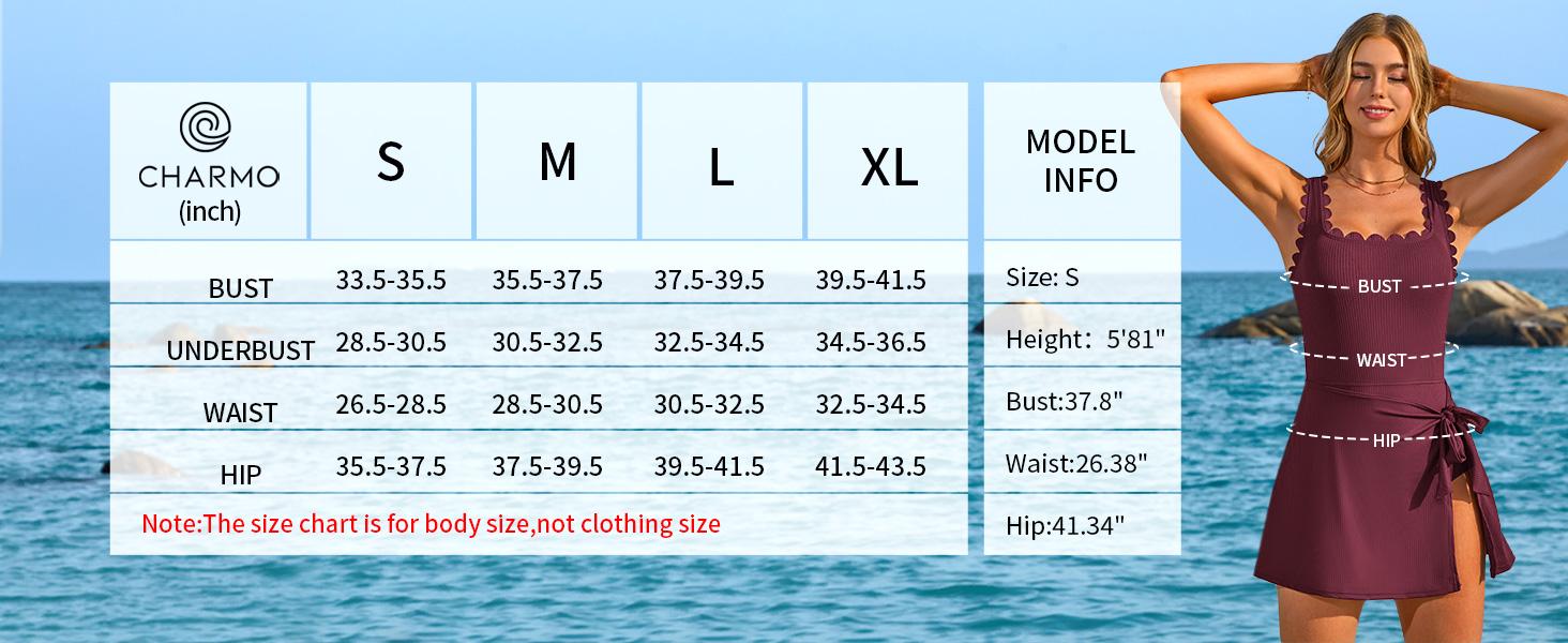 Charmo One Piece Swim Dress Square Neck Scalloped Modest Swimsuits for Women Tummy Control Bathing Suit with Skirt