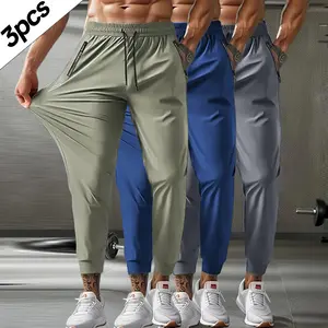 3PCS-Men's Sports Pants, Elastic Waist with Drawstring, Zipper Pockets, Comfortable and Breathable, High Elasticity Fabric, Suitable for Outdoor Running, Gym, Casual Pants, Nine-Point Pants Athleisure Style jogger