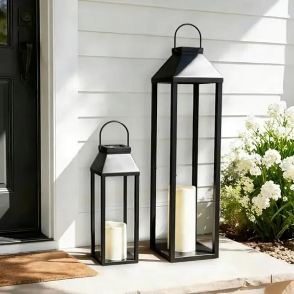 Large Outdoor Solar Lanterns Waterproof, Tall Farmhouse Black Metal Decorative Lanterns Solar Lights Outdoor for Front Porch Decor Outdoor Patio, Garden, Balcony
