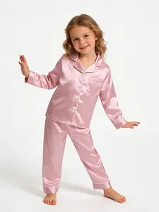 Kids Pajamas Stain Pajamas Sleepwear Girls’ soft, vibrant solid-color nightdress set with a front cutout, pockets, long sleeves, and long pants, suitable for ages 1–8.