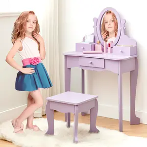 Girls' Vanity Set with Mirror, Makeup Table and Stool for Kids, Wood Dressup Playset for 4-9, Purple
