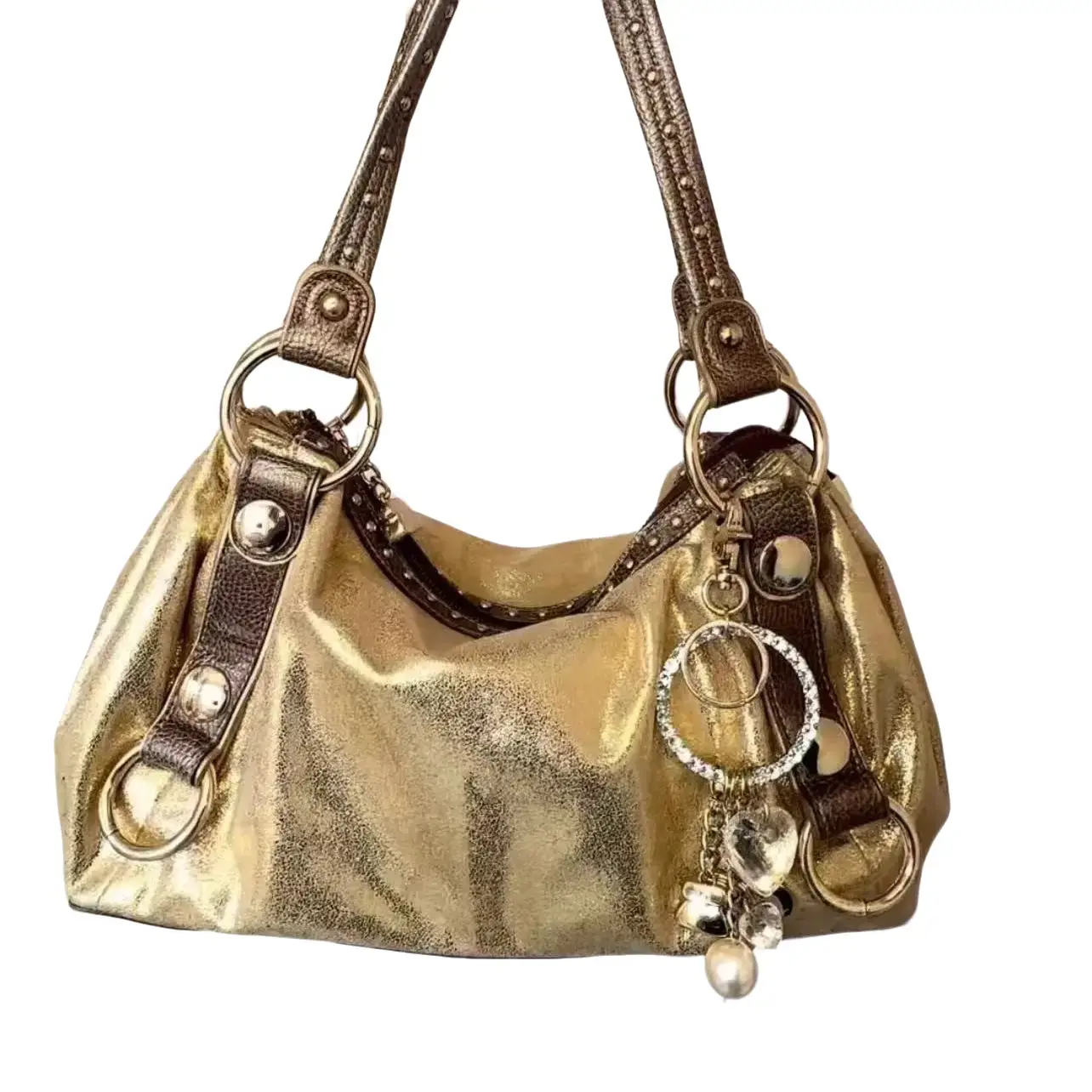 Vintage Metallic Gold Rivet Hobo Bag, Y2K Large Capacity Underarm Shoulder Purse