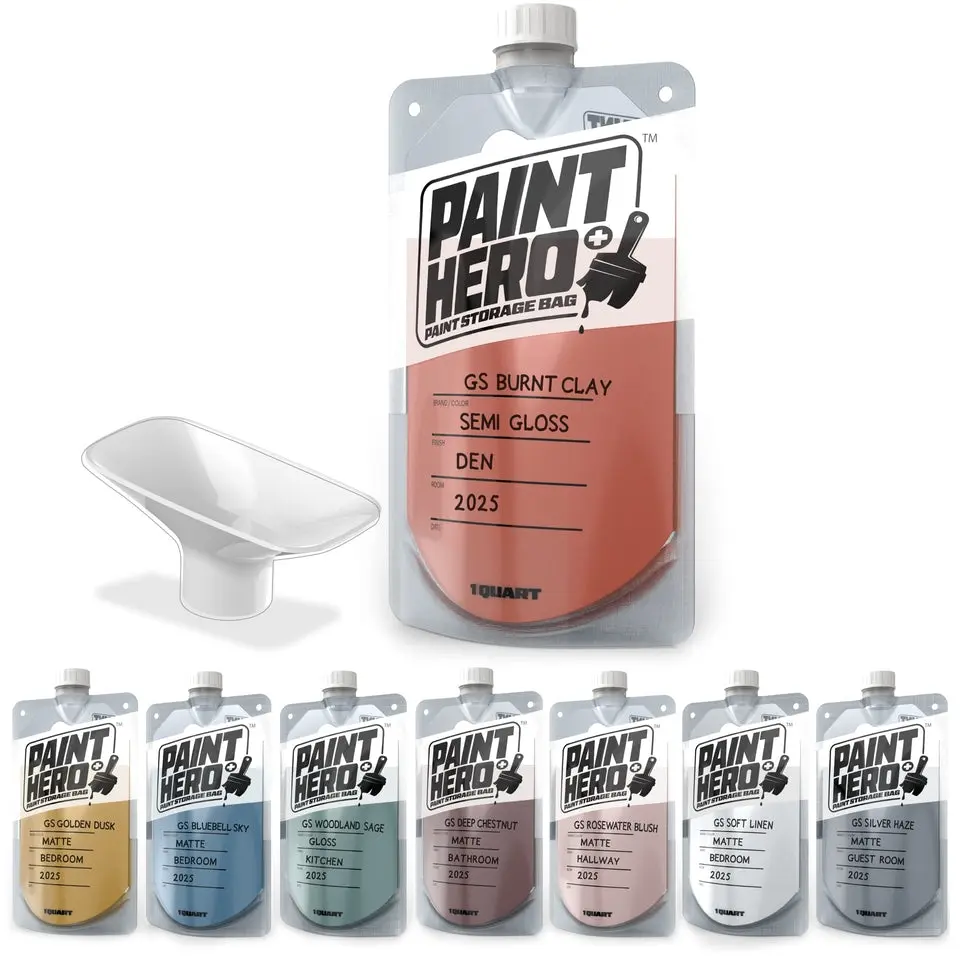 Paint Hero 8 Pack Paint Storage Bags - Airtight Refillable 1 Quart Pouches with Funnel