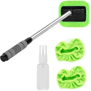5PCS Windshield Cleaning Kit Extendable Handle, 3 Reusable and Washable Microfiber Pads, Green Interior Glass Wiper Set Portable Car Interior Window Cleaning Kit