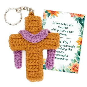 Cute Pink Macrame Cross Keychain, Handmade Woven Faith Cross Pendant Key Ring, Boho Christian Bag Pendant Backpack Charm for Women, Religious Gift for Church Friends