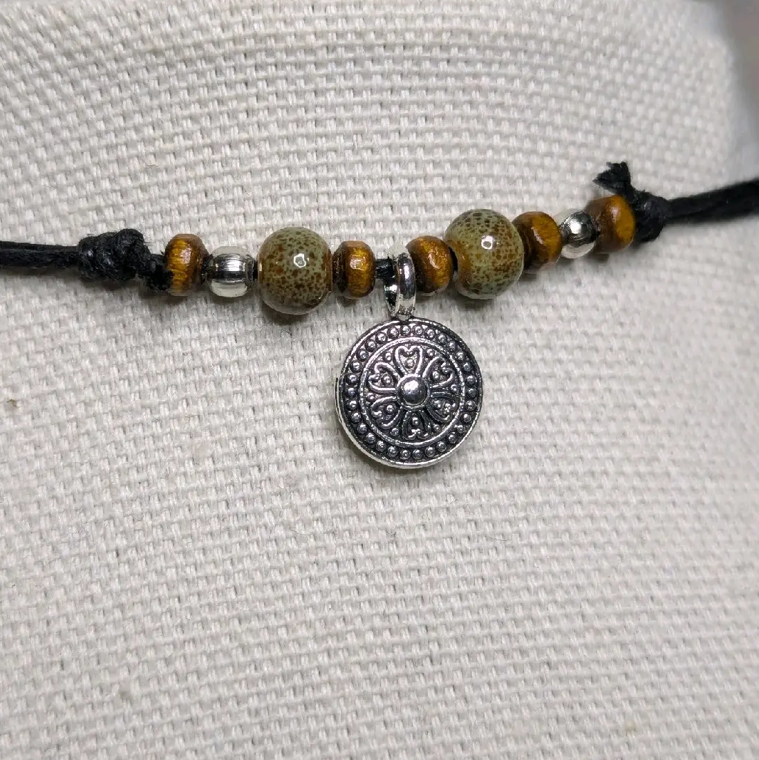 Celtic Heart Coin Silver Charm Ceramic Boho Hippie Whimsical Adjustable Black Rope Cord Choker Stacking Necklace jewelry