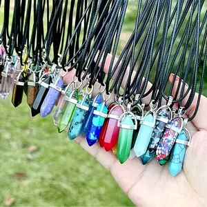30 Sets of Hexagonal Crystal Natural Stone Pendant in Various Colors with Black Pu Leather Necklace Chain, for DIY Jewelry Craftsmanship, Daily Wear and Gift Giving