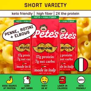Pete’s Protein Pasta Short Variety Pack – Penne, Rotini & Elbow Macaroni – Protein-Packed, Less Carbs