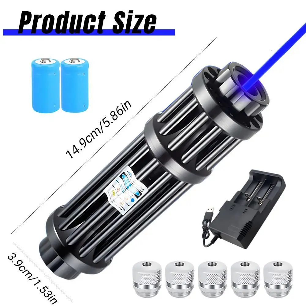 Adjustable Blue Laser Pointer Visible Dot Torch Light With 2 Batteries 5 Heads