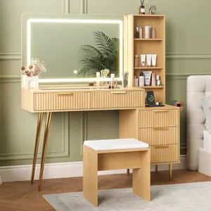 Fluted Vanity Desk with Mirror and Lights, 48" Large Makeup Vanity with Glass Top, 3 Modes LED Lighting with Adjustable Brightness, Dressing Table with Charging Station and Stool