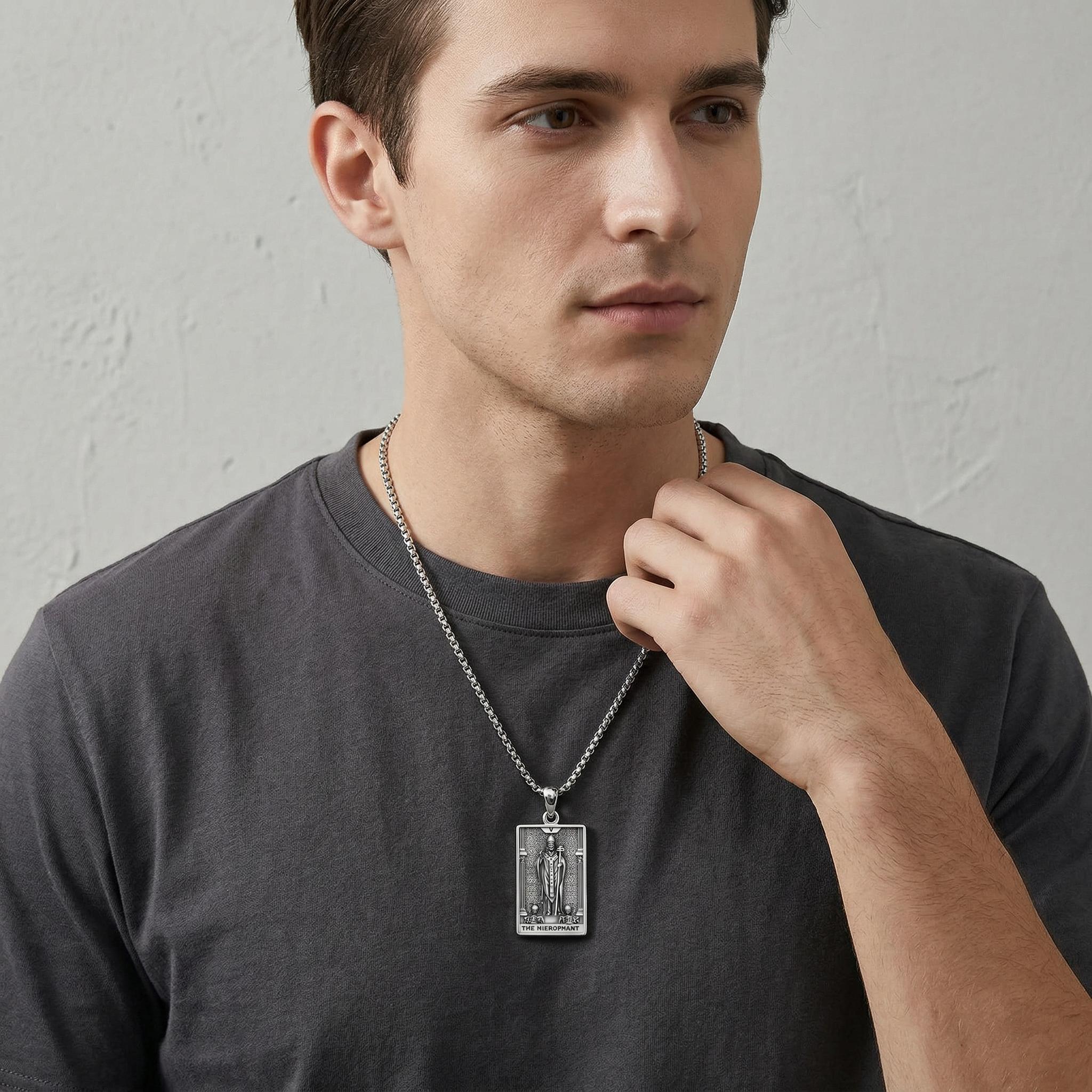 MEIDERBO Dream Chaser The Hierophant Necklace 925 Sterling Silver Oxidized Finish Tarot Pendant Stainless Steel Bead Chain 22+2 Inch Bella Chain Spiritual Jewelry