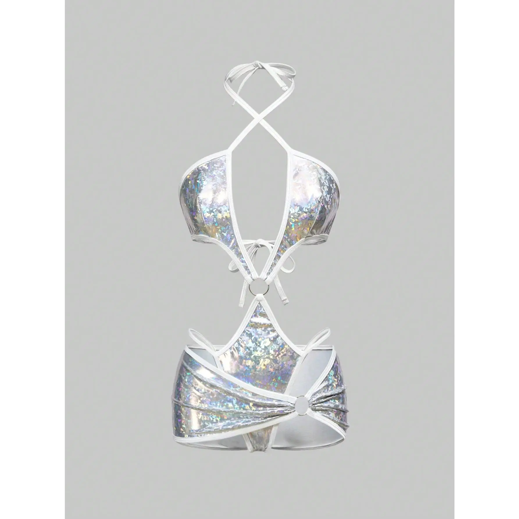 Women's Metallic Lingerie Y2k Halter Teddy Bodysuit with Skirt 2 Piece Nightwear Boudoir Outfit
