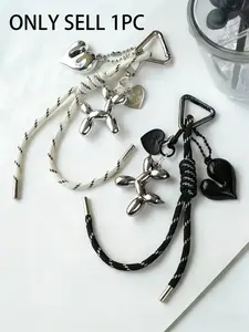 Black And White Rope Knot Heart Metal Balloon Dog Pendant | Trendy Cool Sweet Style Double Love Heart Balloon Dog Charm With Triangle Buckle For Bag Decoration/Keychain, Suitable For Fashionable Men And Women For Daily Outings, Charms For Bags