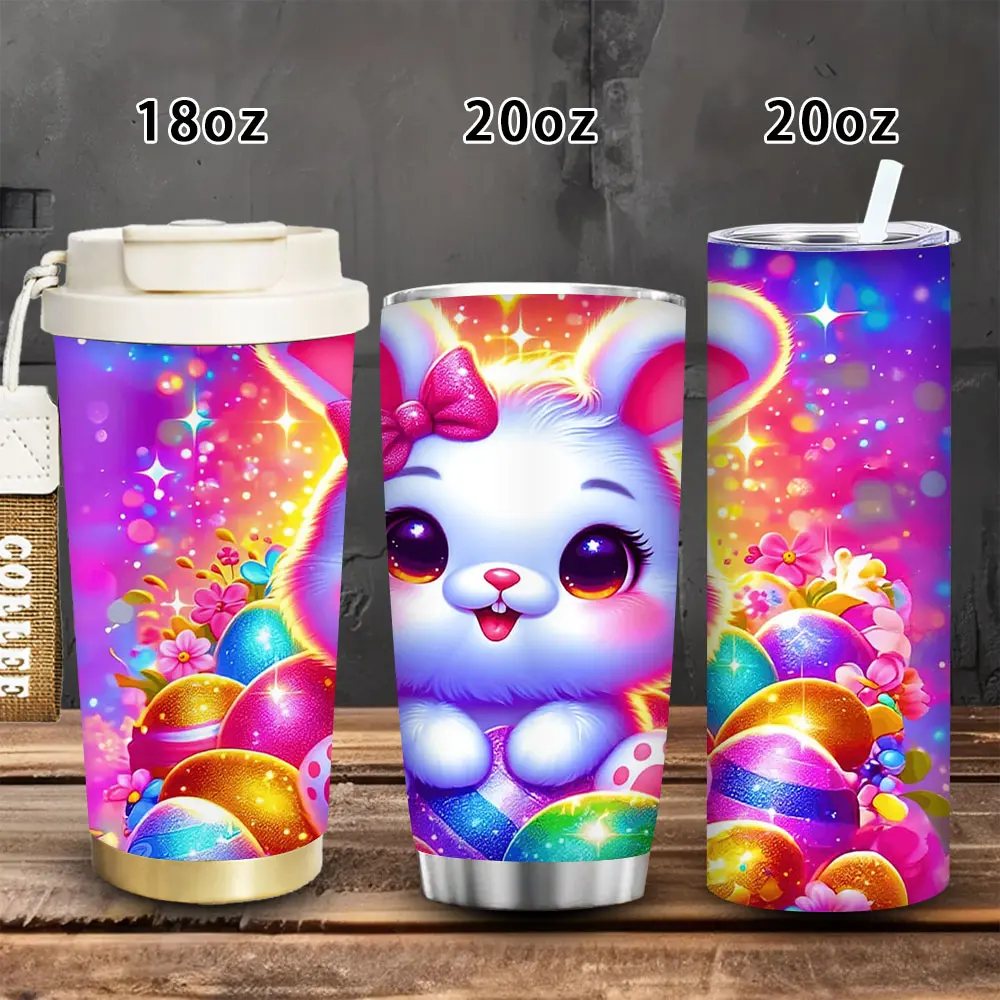 Festive Bunny Vacuum Flask Tumbler (18 oz/20 oz) with Sparkling Easter Eggs, Lid, Straw, Winter Insulation, Ideal for Women, Easter & Birthdays, Suitable for Iced/Hot Coffee, Flasks, Portable