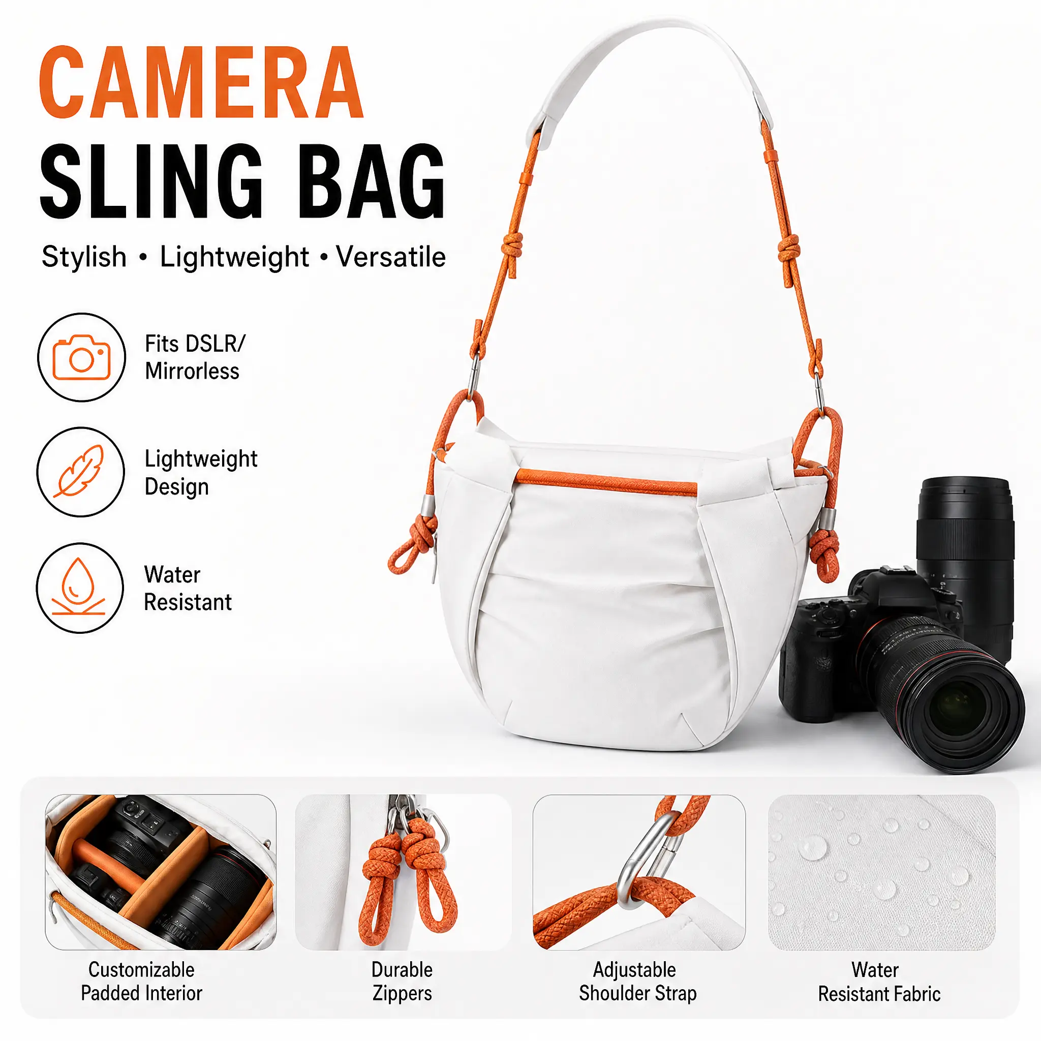 Women Drawstring Camera Crossbody Bag, Lightweight Waterproof Nylon Sling Bag, Large Capacity Photography Shoulder Bag for Travel & Daily Commute