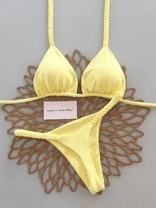 Women's French Lemon Bikini Set, Braided Rope Halter Neck Triangle Pant, Beachwear Swimsuit Summer, Casual Swimwear, Beach Bikinis Sets