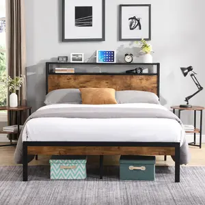 Queen Size Platform Bed Frame with Charging Station, Storage Headboard and Footboard, Metal Queen Storage Bed Frame for Bedroom, Noise-Free, Easy Assembly, Rustic Style, Black+Brown