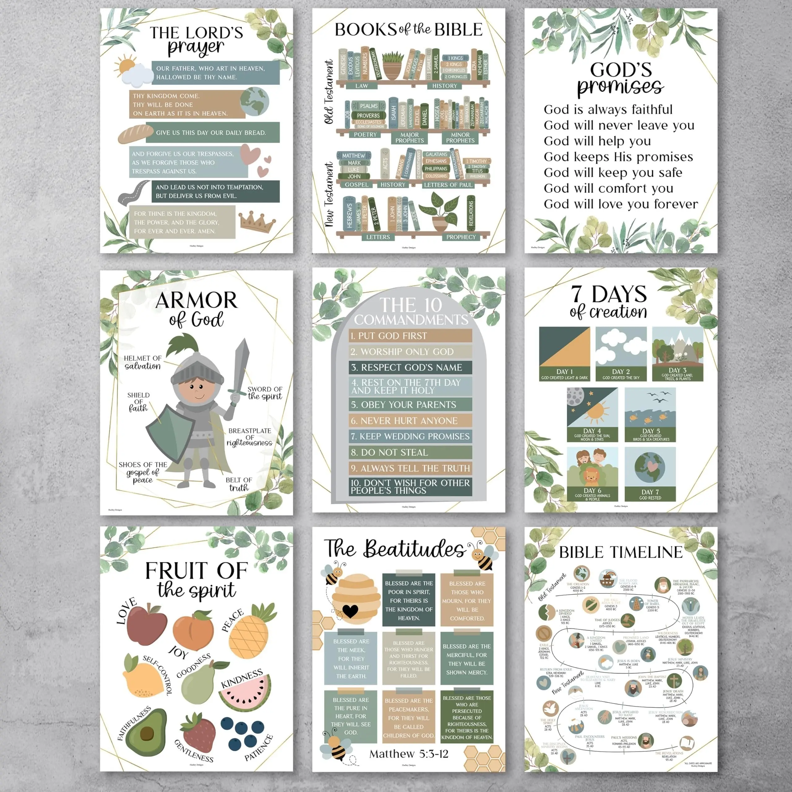 Hadley Designs Bible Posters Set of 9 - 11x14 Inch Wall Print Decoration for Sunday School Classroom, Colorful Plant Adventure Farmhouse
