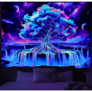 Blacklight Tree of Life Tapestry UV Reactive Waterfall Tapestry Galaxy Space Aesthetic Tree Wall Tapestries Colorful Starry Sky Tapestries Wall Hanging for Bedroom