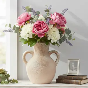 【Memorial Day】Silvanest Handcrafted Ceramic Vase with Double Handles, 7.5” Rustic Beige Pottery Vase for Modern Home Decor, Mediterranean Boho Farmhouse Decorative Vase for Pampas Grass or Flowers outdoorfun