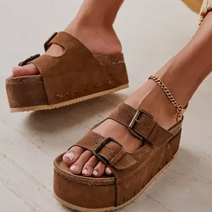 Women's Open Toe Suede Upper Cork Platform Sandals - Slip-On Mules with Double Buckle Straps, Summer Casual Shoes