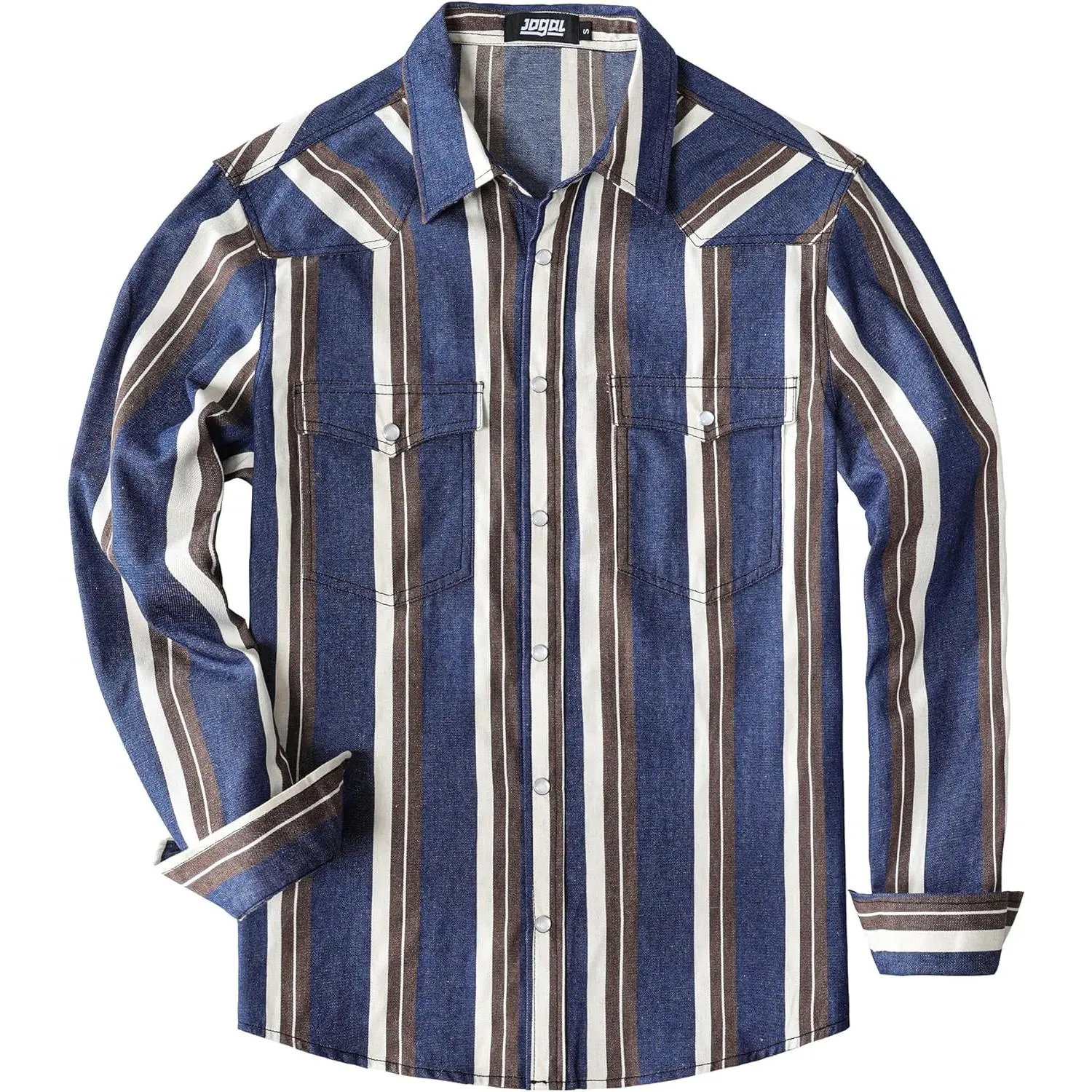 JOGAL Mens Striped Western Shirts Long Sleeve Pearl Snap Casual Cowboy Shirt Regular Fit Work Shirts with Two Pockets