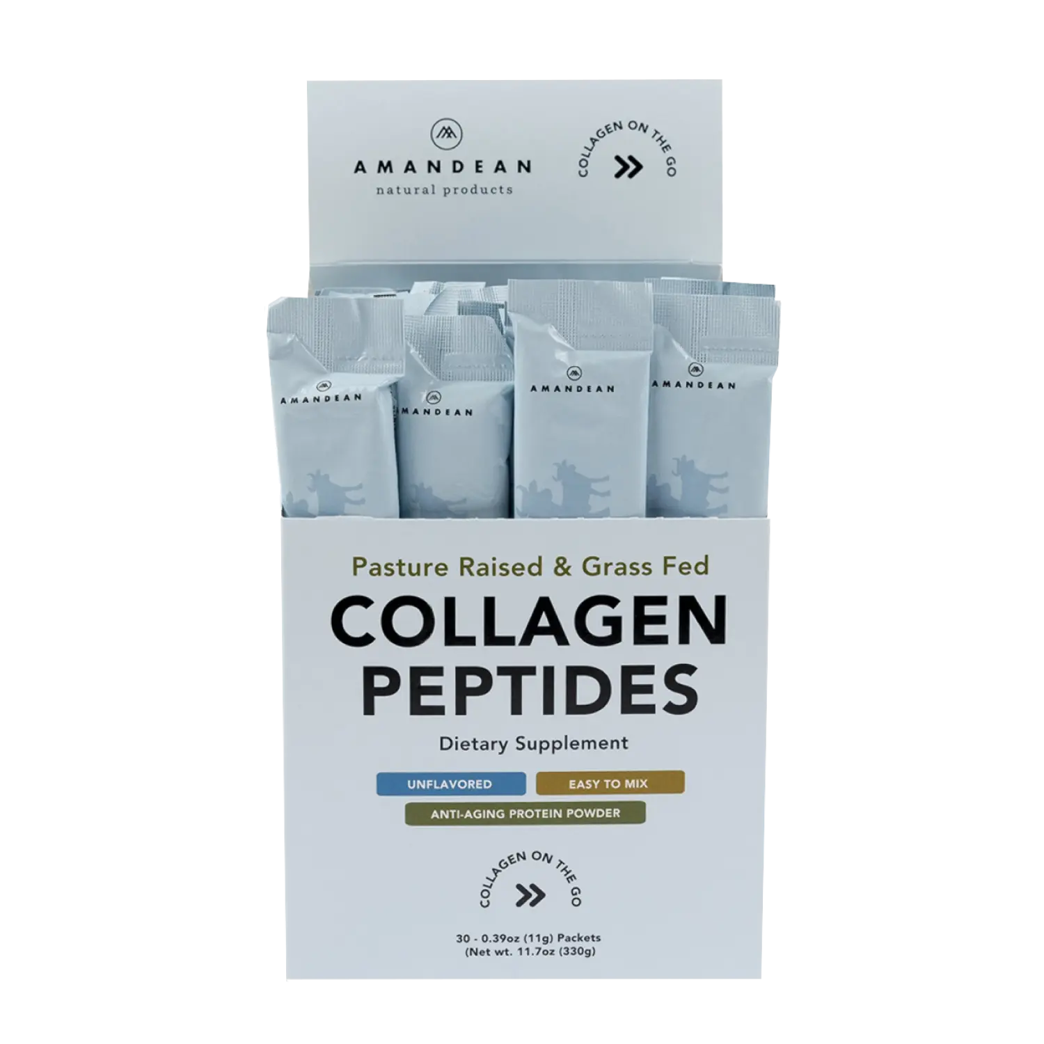 Amandean Grass-Fed Type 1 & 3 Collagen Peptides Dietary Supplement Packets - 30 Individual Stick Packs, Sugar-Free, Gluten-Free, Skin Care, Fitness Support for Adults On-The-Go Travel, Office Use