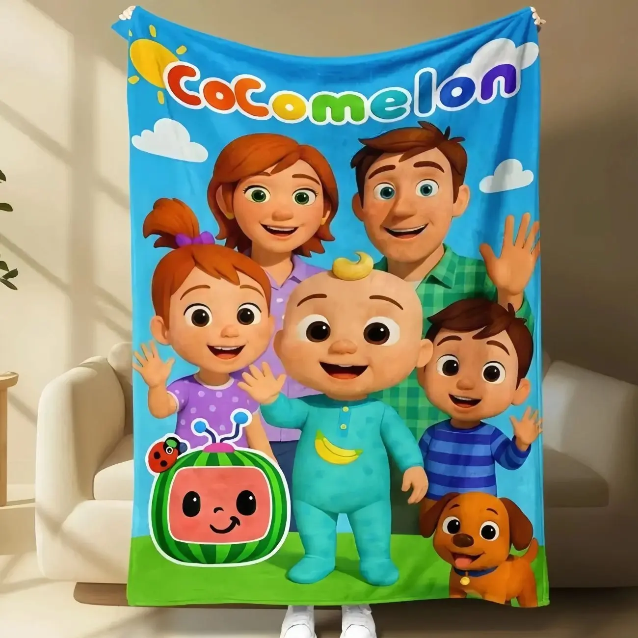 Cocomelon Themed Flannel Fabric Throw Blanket, Cute Animated Character Print, Wrinkle-Free, Breathable Warm
