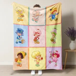 Vintage Strawberry Shortcake Character Flannel Blanket,80s 90s Nostalgic Cartoon Patchwork Throw, Soft Fleece Blanket with Retro Strawberry Shortcake and Friends Print, Sweet Nostalgia Decor