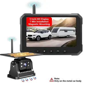 Magnetic Solar Wireless Backup Camera with 5-inch HD Monitor No Wiring Rechargeable Camera for RV Trailer Camper Car Blind Spot Truck Automotive Backup Camera for Truck IP69 Waterproof IR Night Vision
