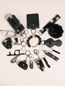 14pcs Fashion Rhinestone Elegant Black Security Keychain suit with Wristband, Storage Bag and Card Bag Decorative Accessories suit, Card Holder Perfumes Bottle (Empty Bottle) Keychain Accessories Mouth Red Envelope, Multi Purpose Keychain