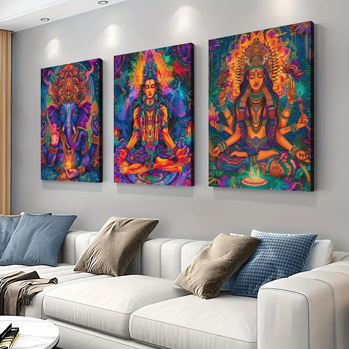 3-Piece Pine Wood Framed Cartoon-Style Ganesha and Shiva Wall Art Prints, Artistic Home Decor Decoration for Room Accent