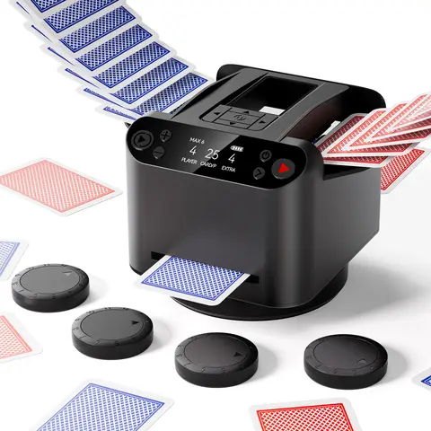 2-in-1 Shuffling & Dealing Machine - Shuffle+Deal, 4 Drawing Remotes, 1-2 Deck Support, 12 Players, Built-in Gameplays, 360°/180° Dealing, Rechargeable Battery, Adapts to Different Card Sizes, Error-Free, Ages 12+, Party Card Game, Poker, Phase 10
