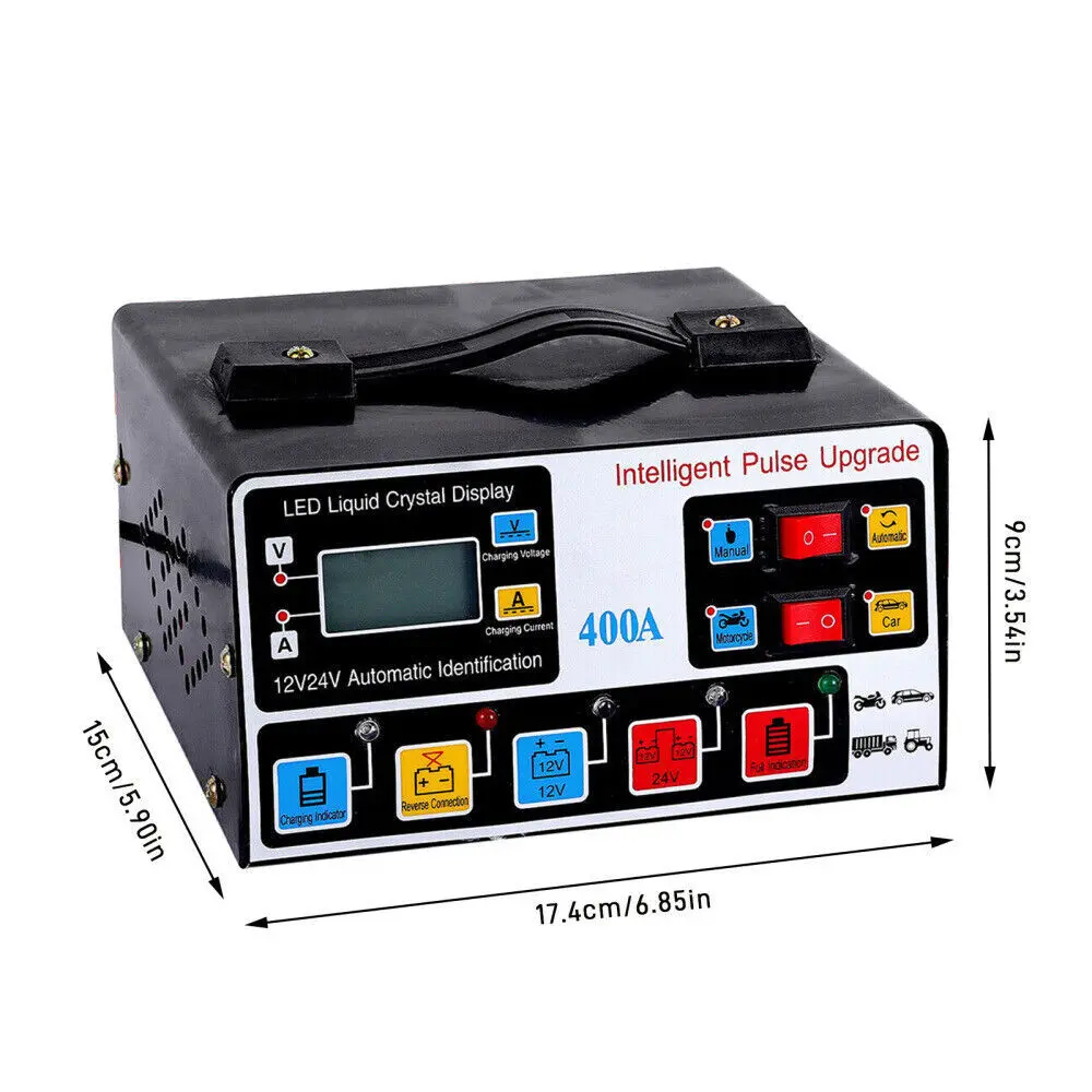 12V/24V Intelligent Pulse Repair Battery Charger, 400A Heavy-Duty 220W Fast Charger, Digital LCD Display, Auto Stop Function, Multiple Safety Protection for Cars, Trucks & Motorcycles Lead-Acid Batteries