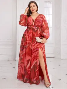 【Plus Size】 Random Marble Print Chiffon Dress, Elegant Deep V Neck Bishop Sleeve Dress for Party Holiday Wedding Guest, Women's Clothes for All Seasons, Womenswear