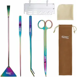 6-in-1 Long Aquarium Aquascaping Tools Kit, Color Stainless Steel Aquatic Plant Tweezers Scissors Spatula Kit Comes with 1 Tool Holder and 1 Cleaning Cloth, for Fish Tank Starters
