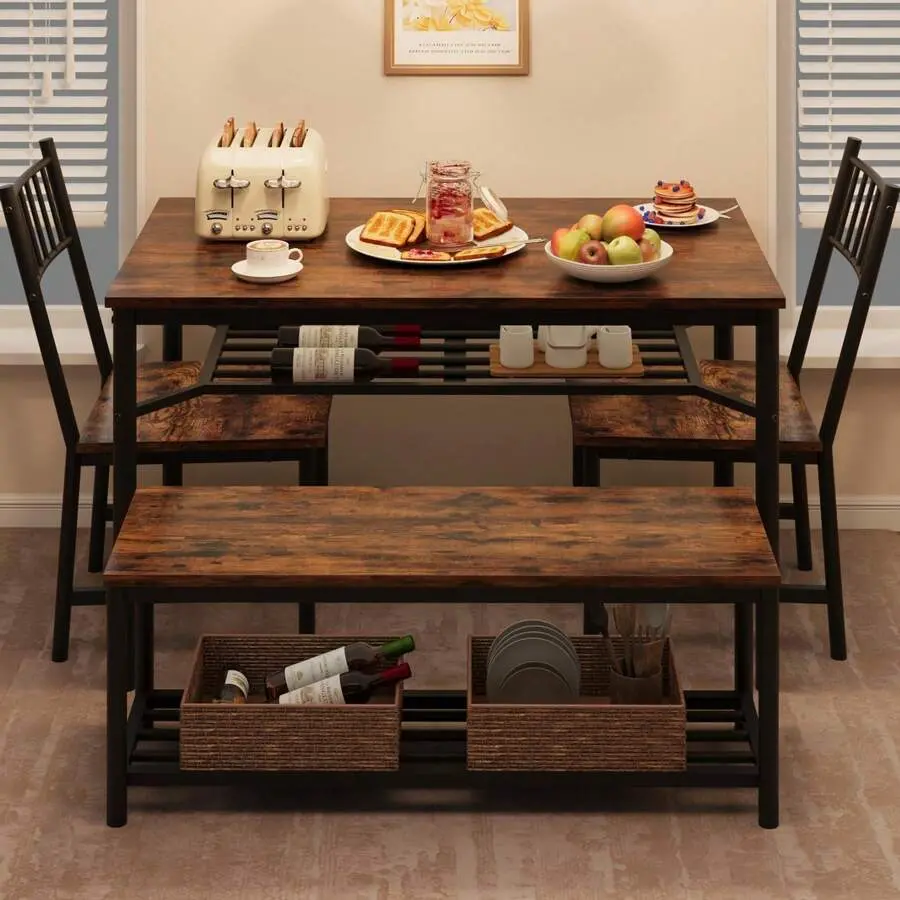 Dining Table Set For 4  Storage, Rectangular Kitchen Table  Wine Rack, Bench, And Chairs For Small Spaces And Apartments