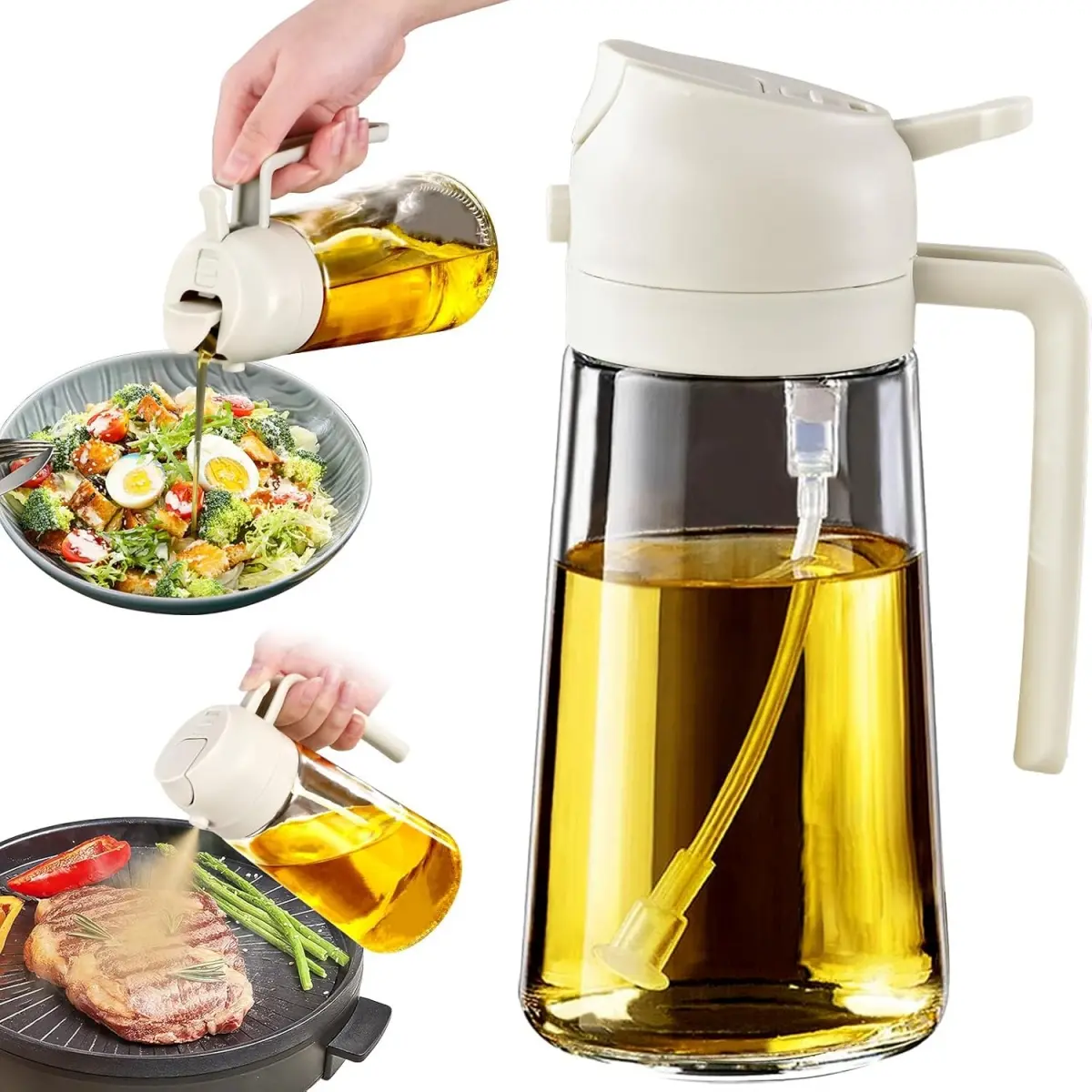 2-in-1 Glass Oil Sprayer and Dispenser - 16oz Borosilicate Glass Bottle for Olive & Cooking Oil, Vinegar - Precise Mist & Pour Control for Salad, Air Fryer, BBQ, Frying - BPA-Free & Leak-Proof