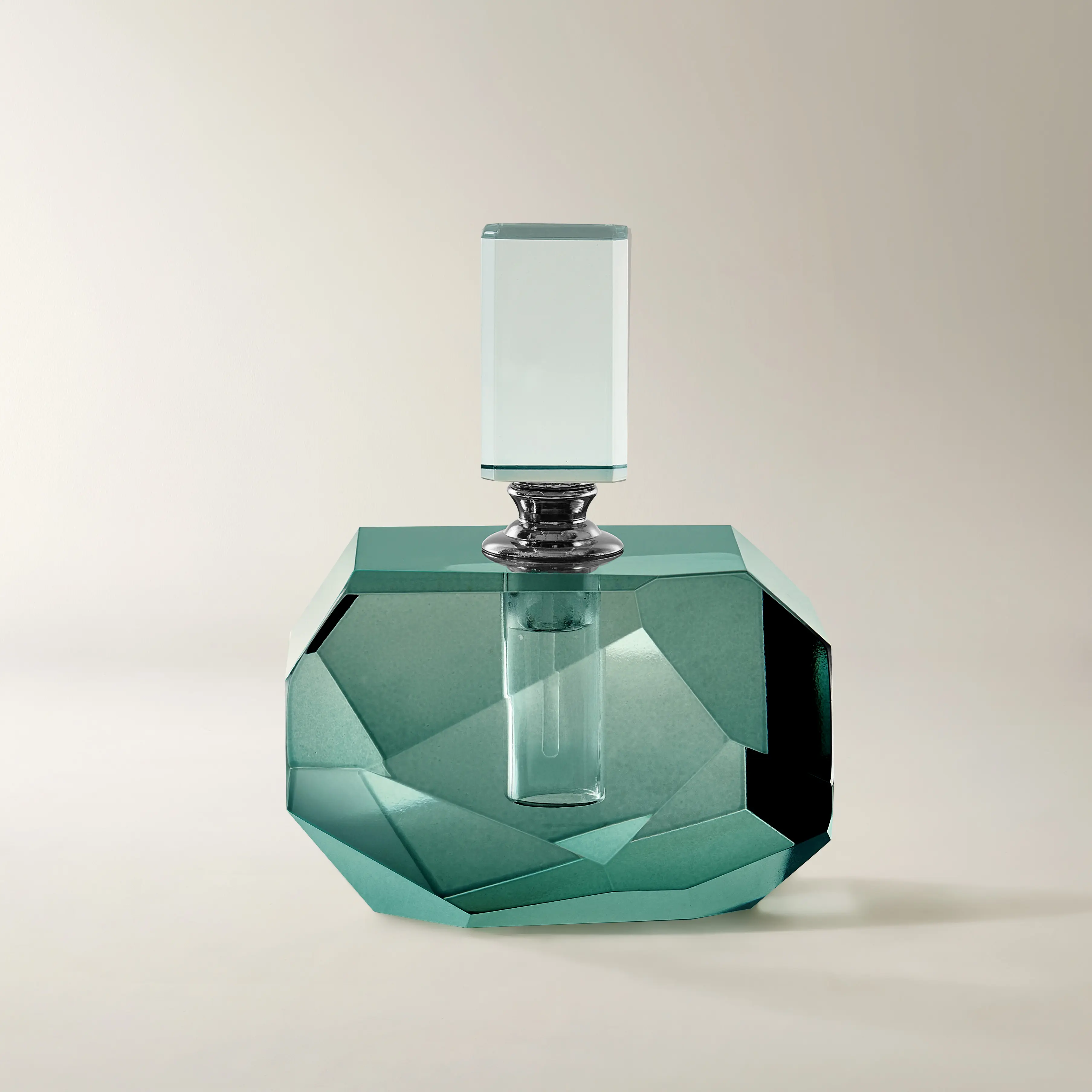 Z Gallerie Marni Light Crystal Glass Perfume Bottle - Elegant Blue Faceted Metal Decor, 4.25x3x5.5" Compact Beauty Display Vessel with Glow, Soft Teal Reflections, Gem-Like Look, Faceted Base, Jewelry Storage, Gift Box Included