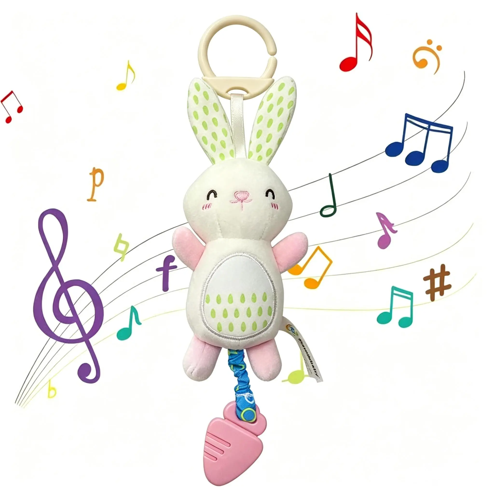 Soft Plush Bunny Stuffed Animal Hanging Rattle Toy - BPA-Free Carrot Silicone Teether, Gentle Visual Stimulation Fabric Toy for 0-12 Months Newborns’ Children Development (Stroller & Car Seat Use)