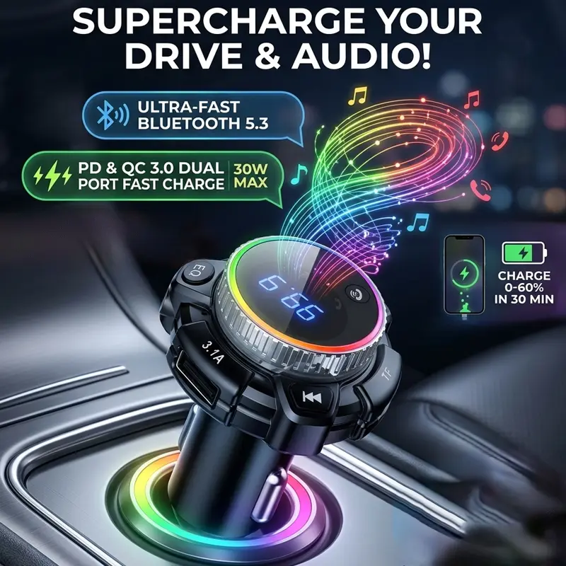 【summerfinds】[HiFi Bass & PD Fast Charge] Bluetooth 5.3 FM Transmitter for Car, Dual USB Ports Wireless Car Charger Audio Adapter with RGB LED Light, Hands-Free Clear Calls, Support TF Card/U Disk